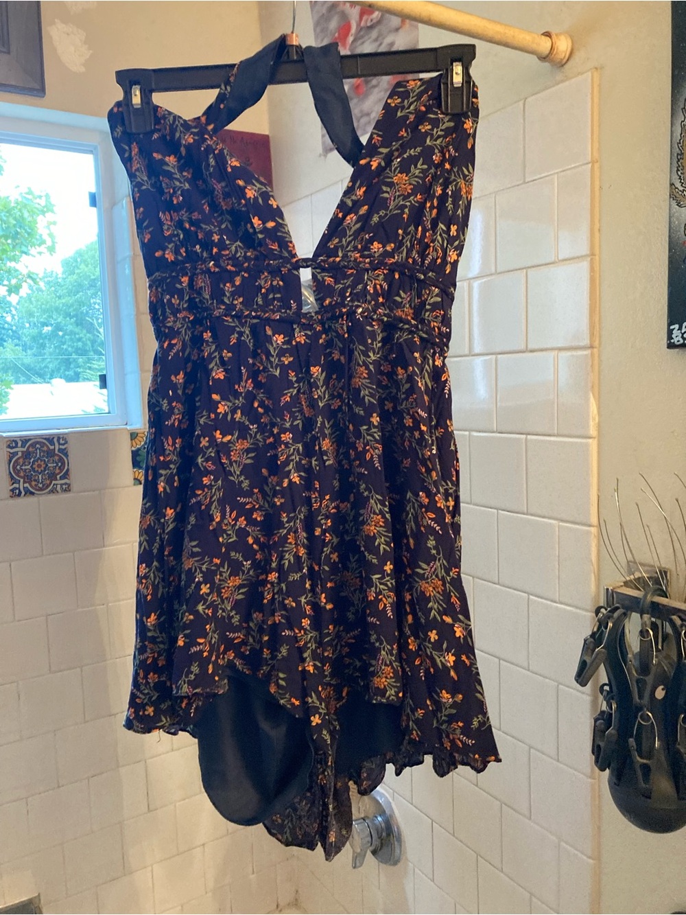 Floral V-Neck Sleeveless Dress in Black with Orange Floral Print
